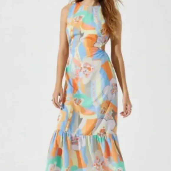 NWOT ASTR the Label High Neck Open Back Midi Dress - Orange blue multi - Size L - Picture 1 of 10